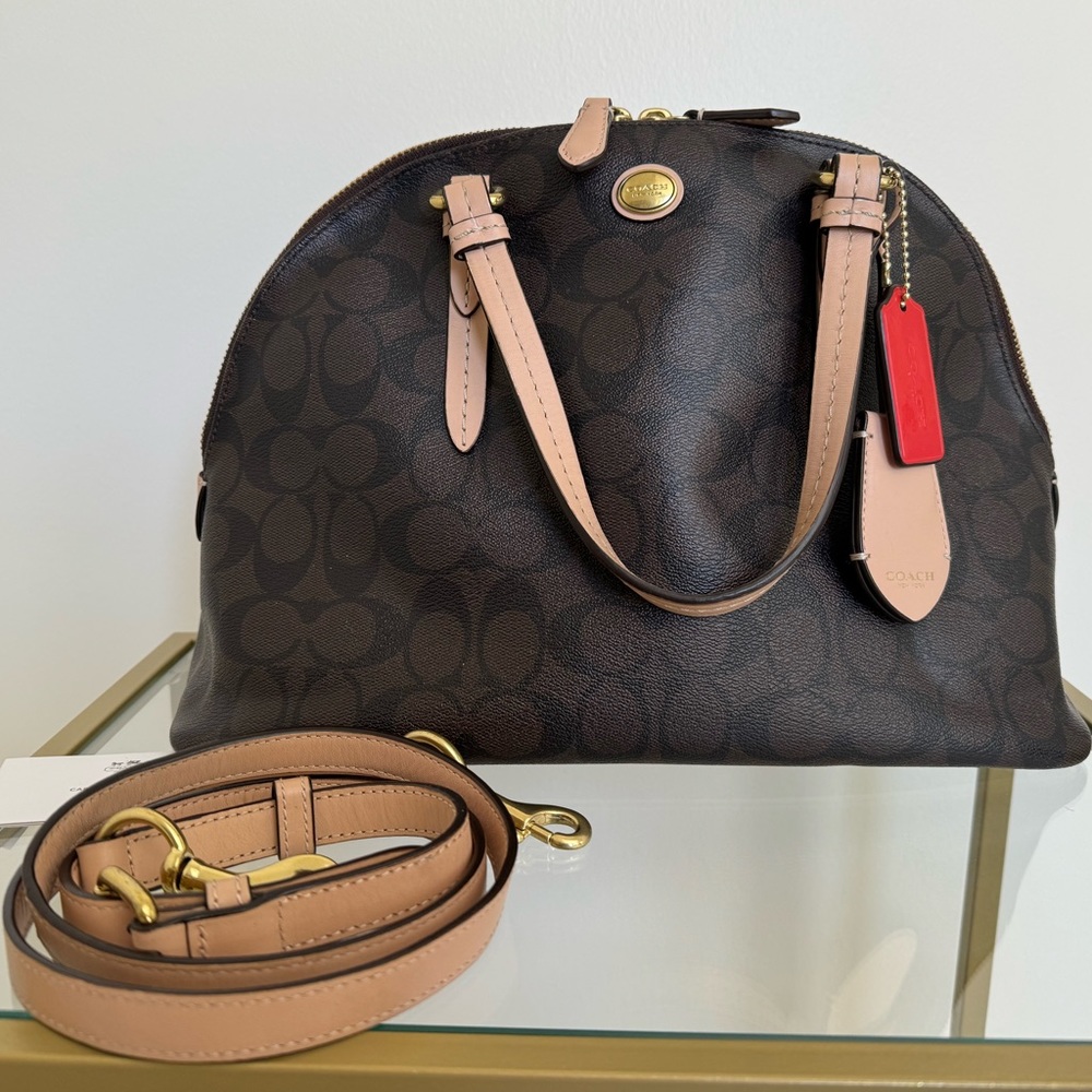 COACH “Peyton” Signature Cora Domed Satchel (F26184) Classic Brown w/Tan Leather